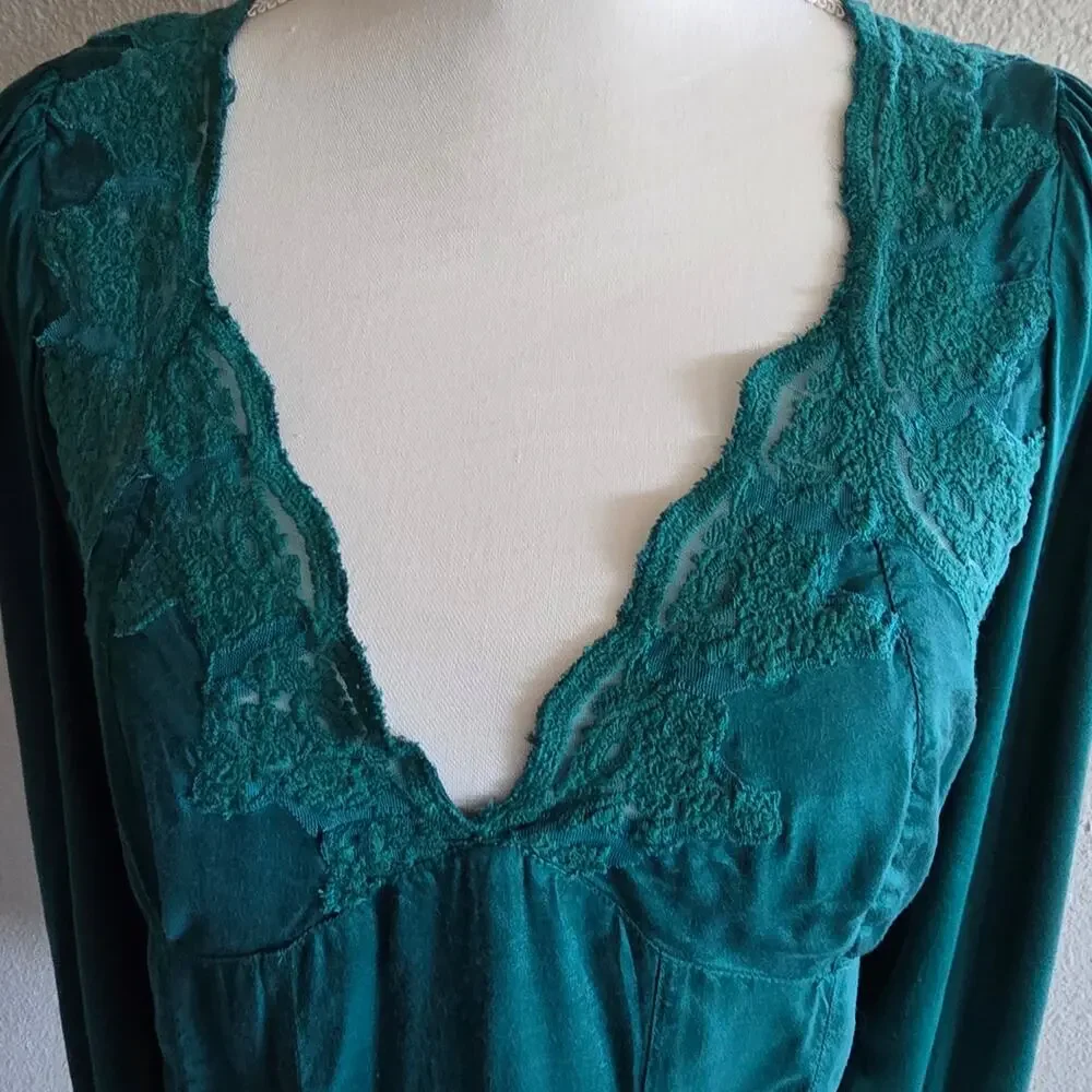#498 Free People Teal Knit Top with Lace Detail